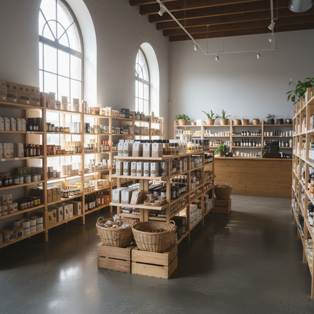 Bright airy retail shop interior with wooden shelves lined with skincare and wellness products, warm natural light flooding through large windows, clean minimalist aesthetic