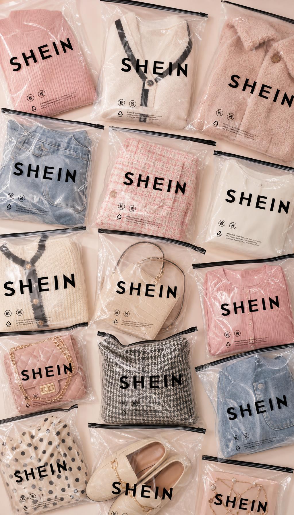 Transparent SHEIN plastic packaging bags with clothes and accessories